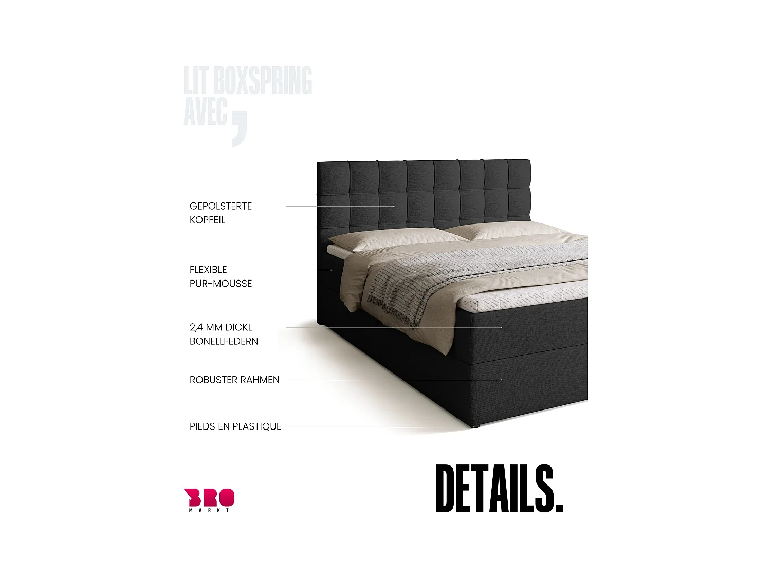 Boxspringbed met hoofdeinde, matras en dekmatras - DETROIT - 160x200 - donkergrijs