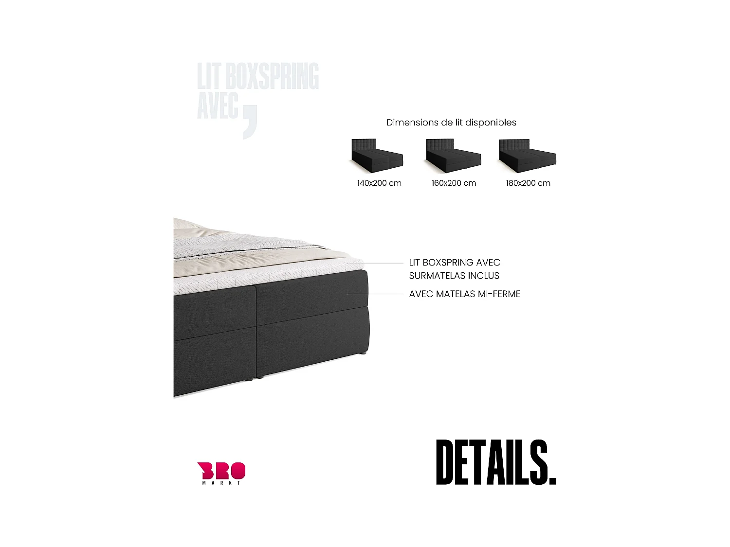 Boxspringbed met hoofdeinde, matras en dekmatras - DETROIT - 160x200 - donkergrijs
