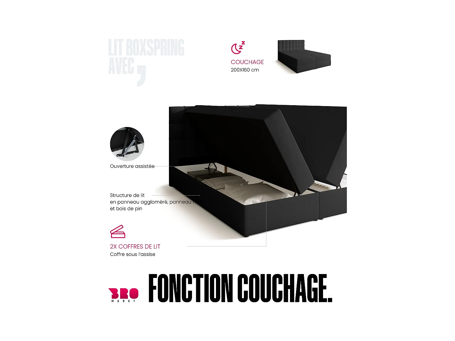 Boxspringbed met hoofdeinde, matras en dekmatras - DETROIT - 160x200 - donkergrijs