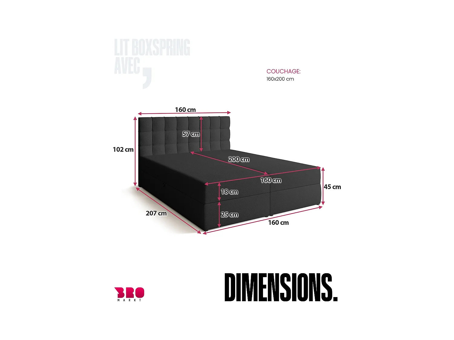 Boxspringbed met hoofdeinde, matras en dekmatras - DETROIT - 160x200 - donkergrijs