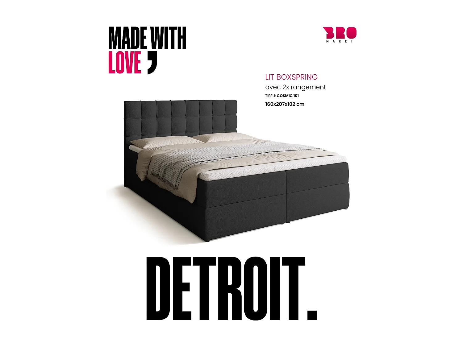Lit boxspring avec rangement DETROIT - matelas - surmatelas - gris foncé - 160x200 cm