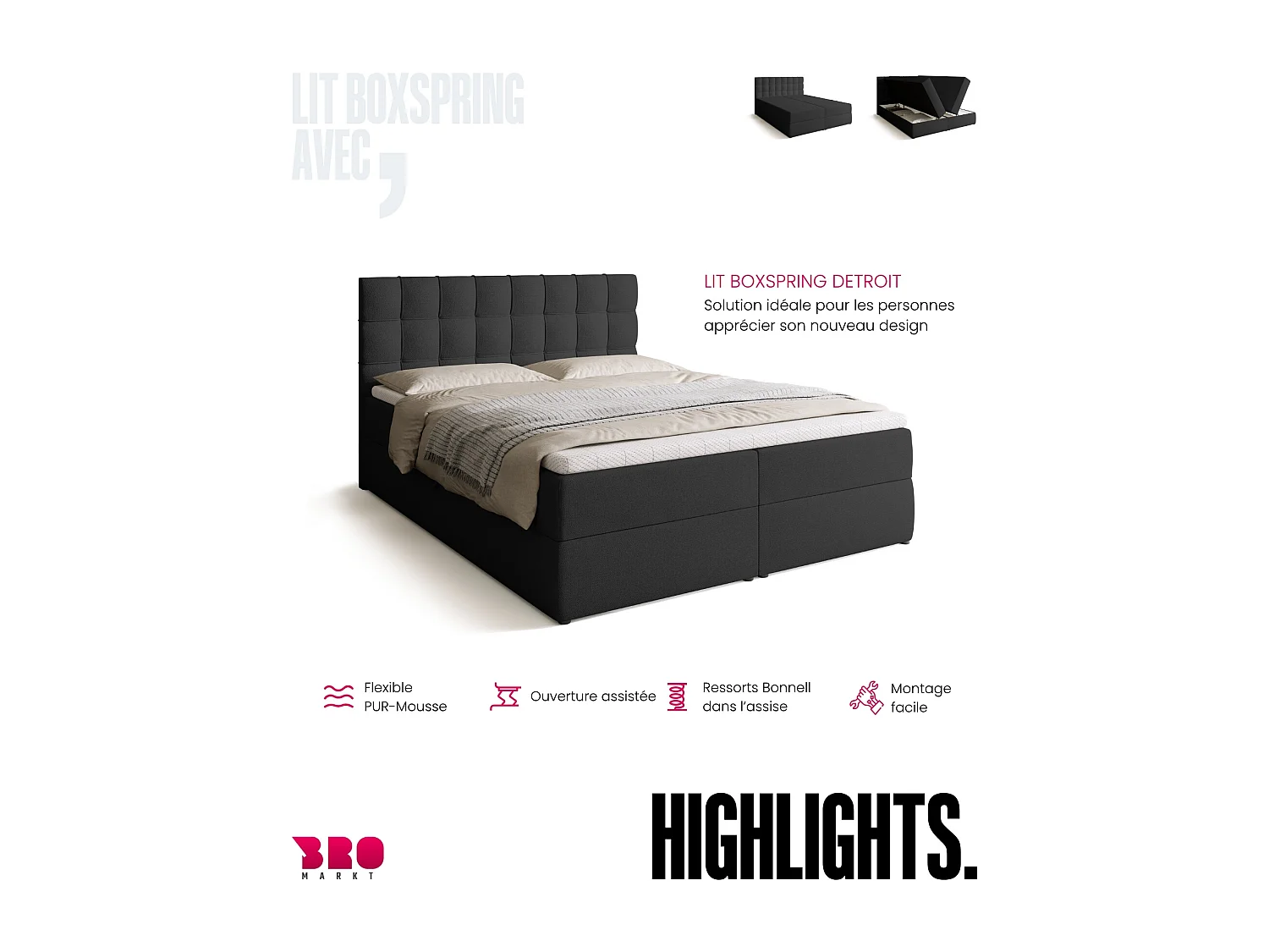 Lit boxspring avec rangement DETROIT - matelas - surmatelas - gris foncé - 160x200 cm