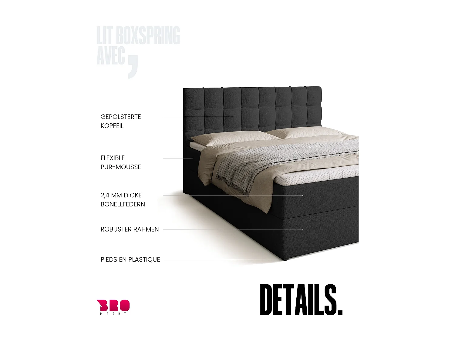 Lit boxspring avec rangement DETROIT - matelas - surmatelas - gris foncé - 160x200 cm