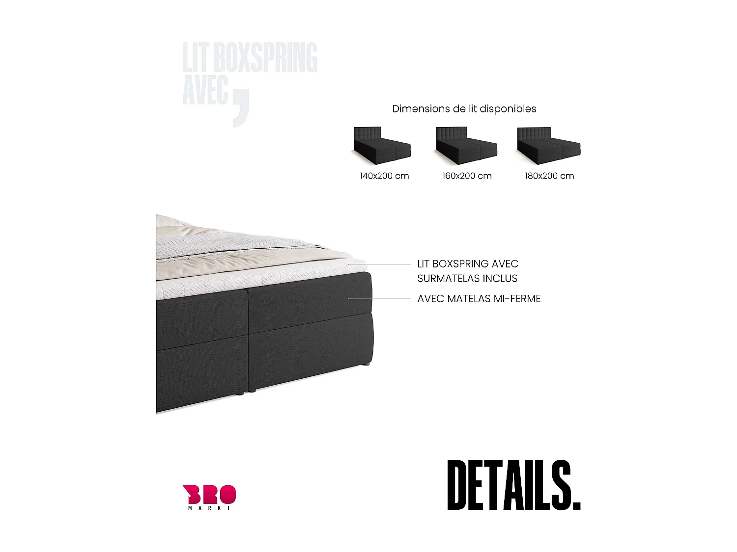 Lit boxspring avec rangement DETROIT - matelas - surmatelas - gris foncé - 160x200 cm