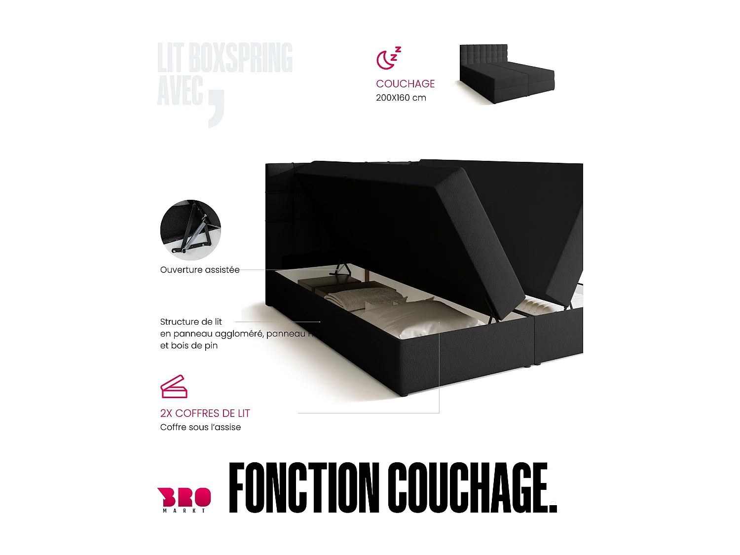 Lit boxspring avec rangement DETROIT - matelas - surmatelas - gris foncé - 160x200 cm