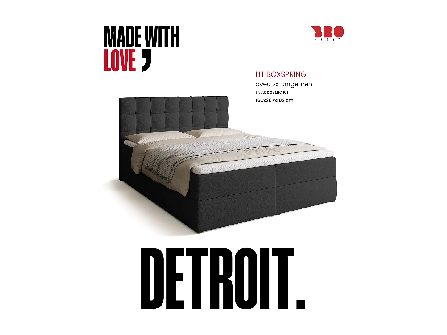 Lit boxspring avec rangement DETROIT - matelas - surmatelas - gris foncé - 160x200 cm