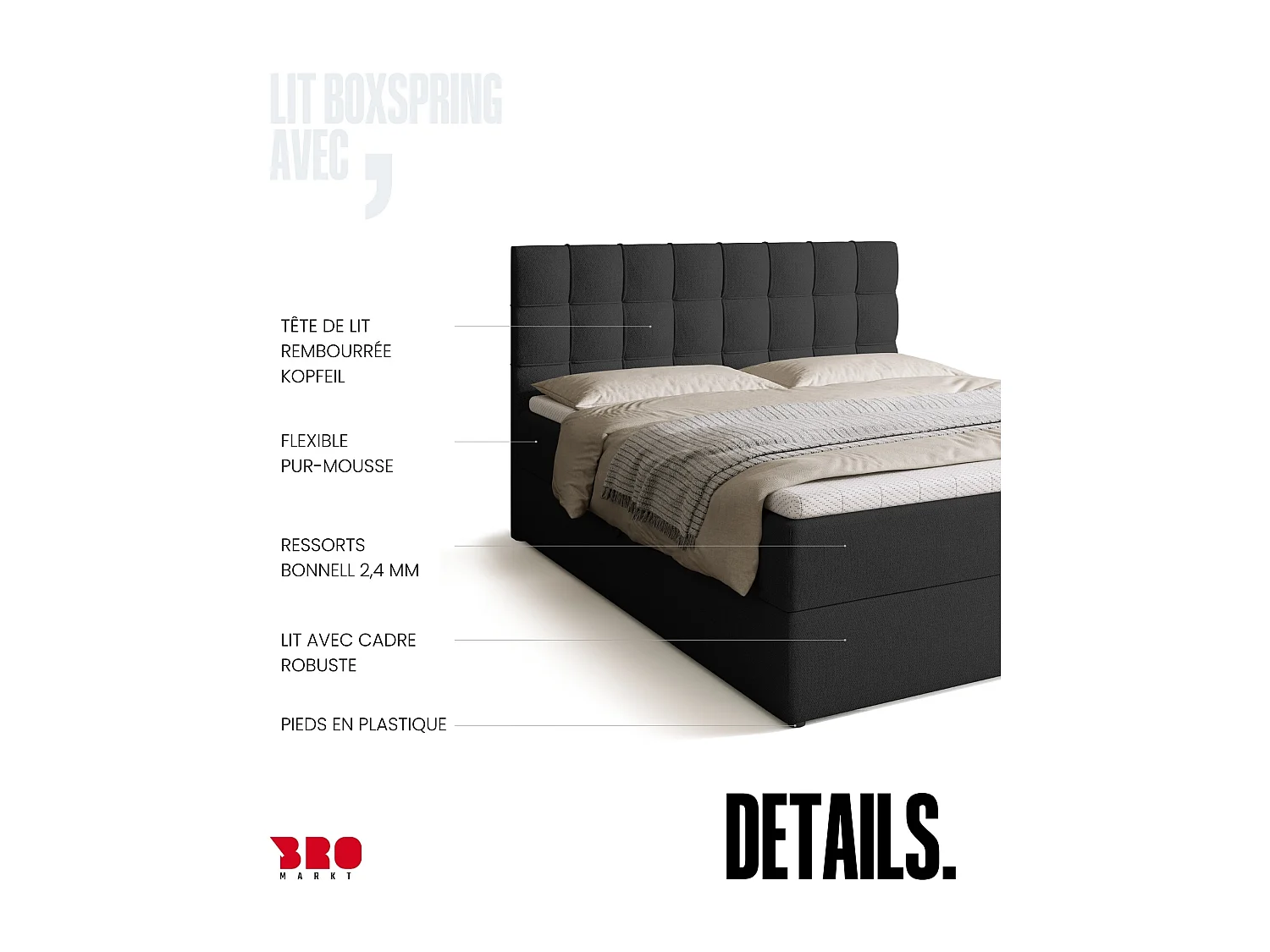 Lit boxspring avec rangement DETROIT - matelas - surmatelas - gris foncé - 160x200 cm