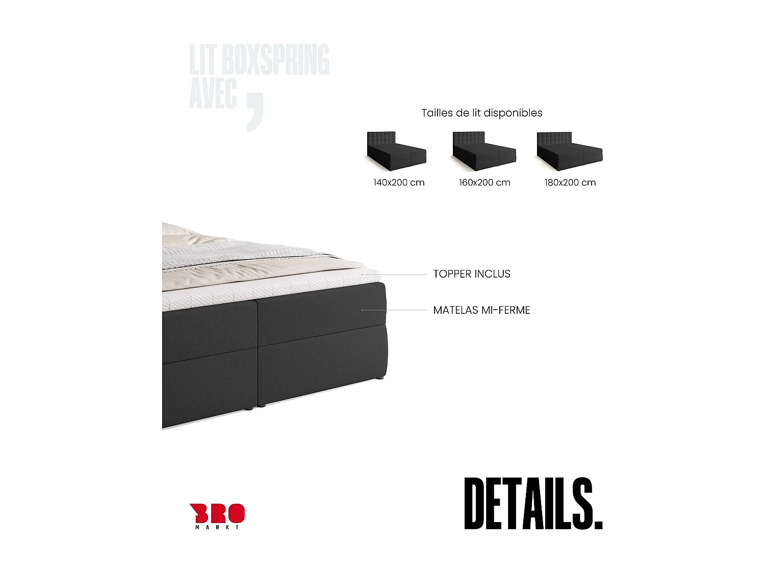 Lit boxspring avec rangement DETROIT - matelas - surmatelas - gris foncé - 160x200 cm