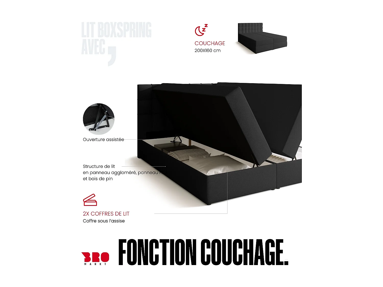 Lit boxspring avec rangement DETROIT - matelas - surmatelas - gris foncé - 160x200 cm