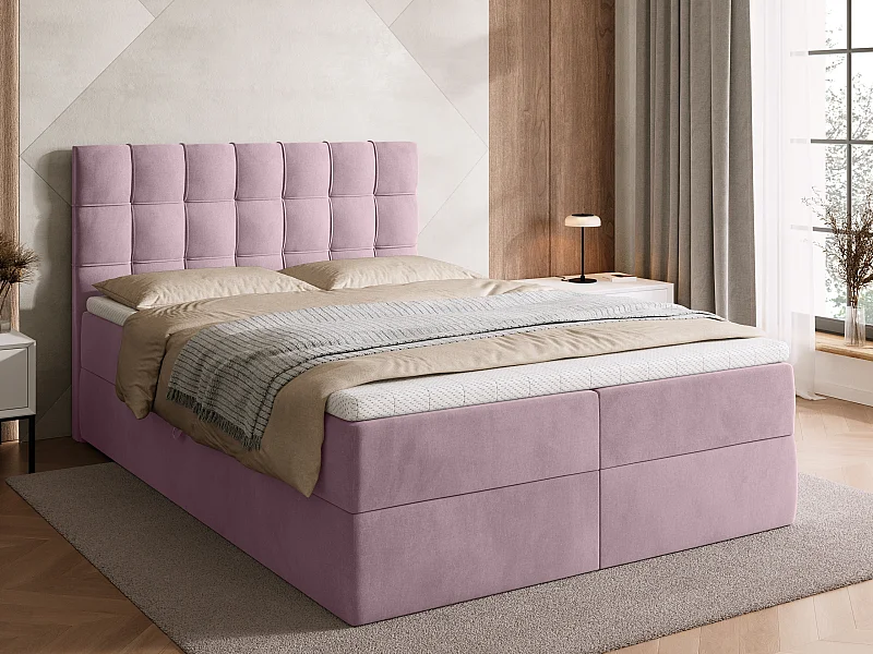 Lit boxspring avec rangement DETROIT - matelas - surmatelas - rose - 140x200 cm