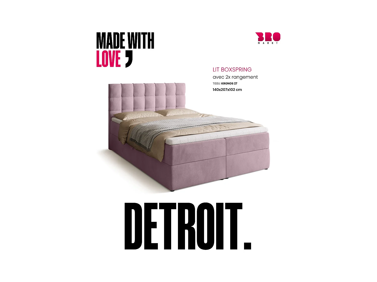 Boxspringbed met hoofdeinde, matras en dekmatras - DETROIT - 140x200 - poederroze