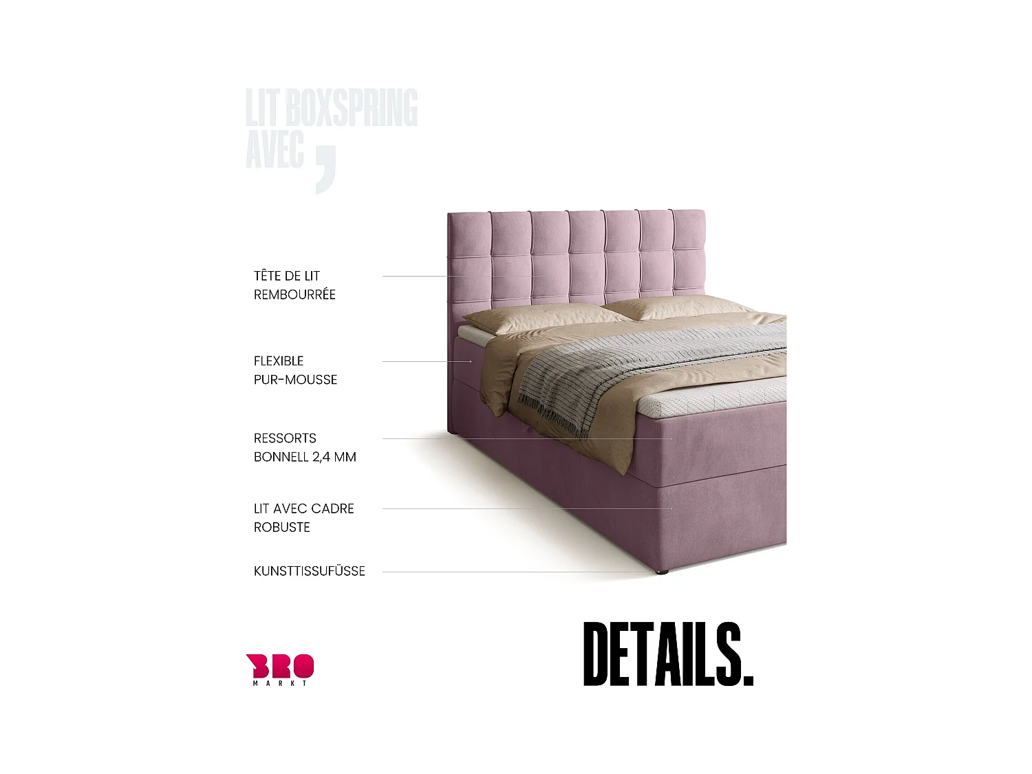 Boxspringbed met hoofdeinde, matras en dekmatras - DETROIT - 140x200 - poederroze