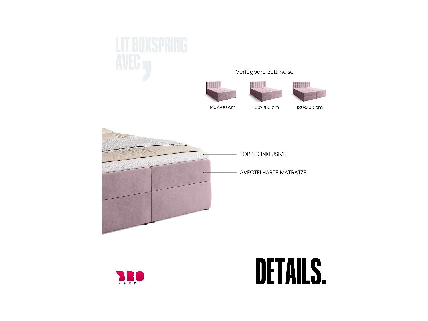 Boxspringbed met hoofdeinde, matras en dekmatras - DETROIT - 140x200 - poederroze
