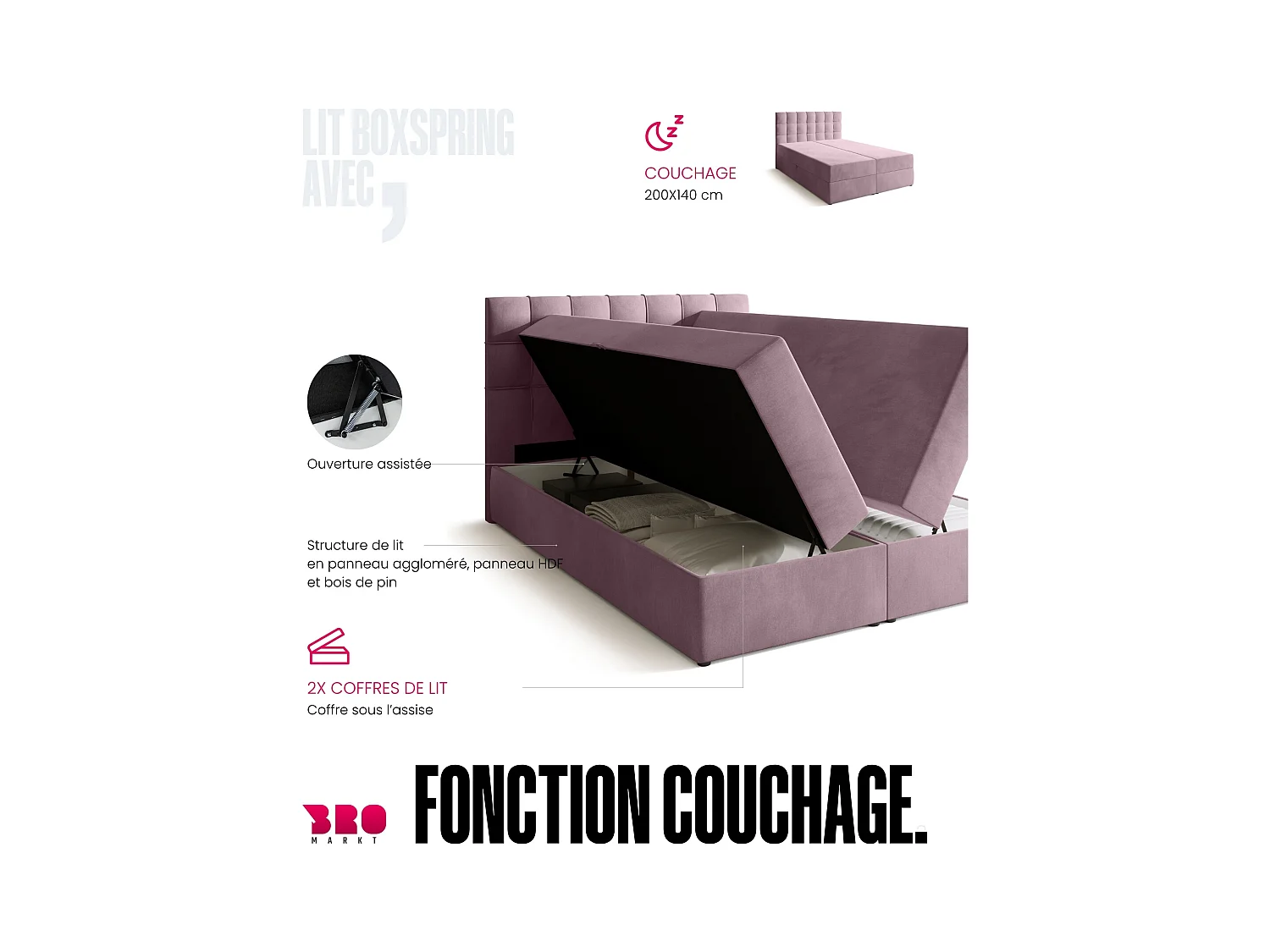 Boxspringbed met hoofdeinde, matras en dekmatras - DETROIT - 140x200 - poederroze