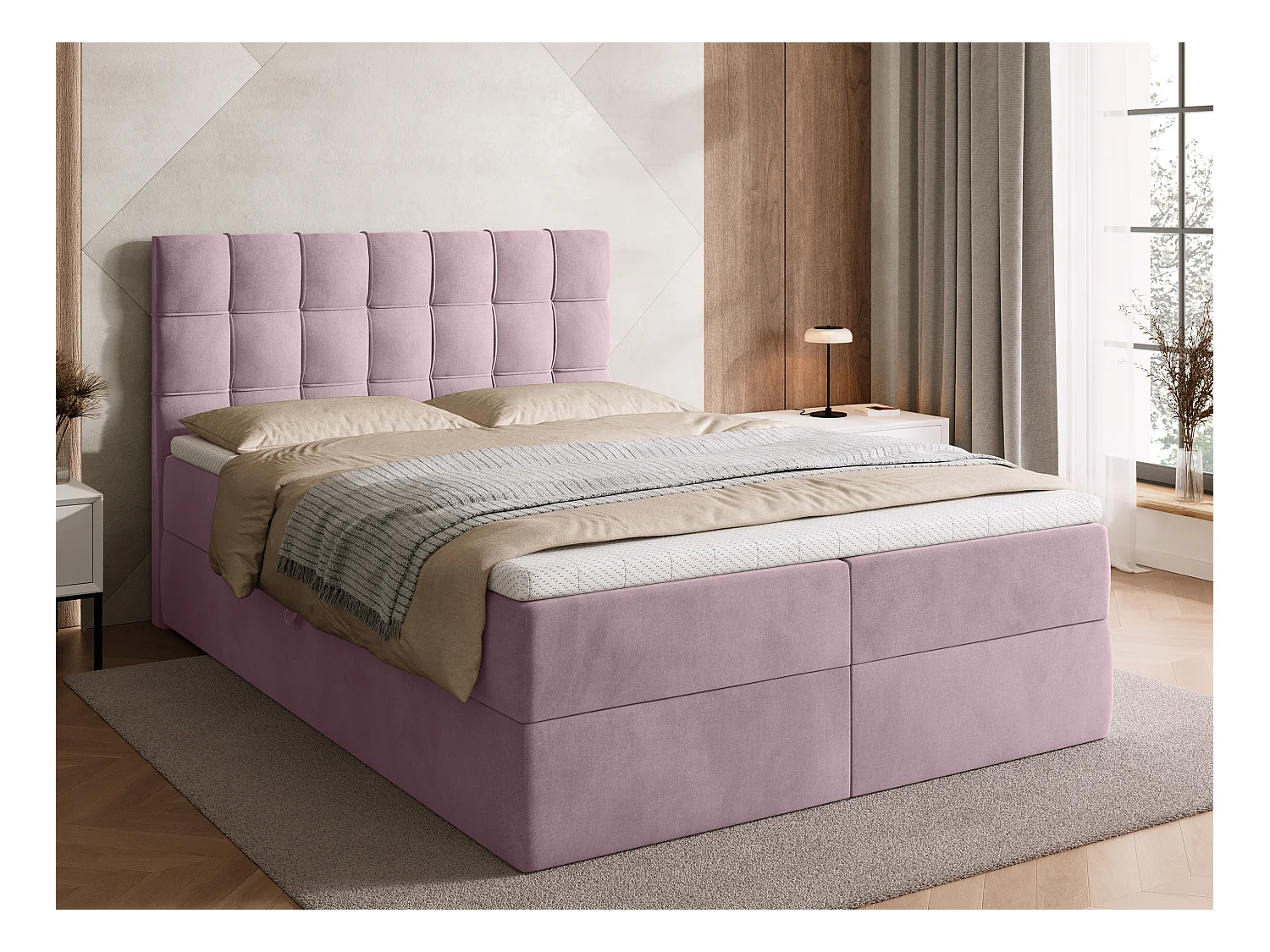 Lit boxspring avec rangement DETROIT - matelas - surmatelas - rose - 140x200 cm