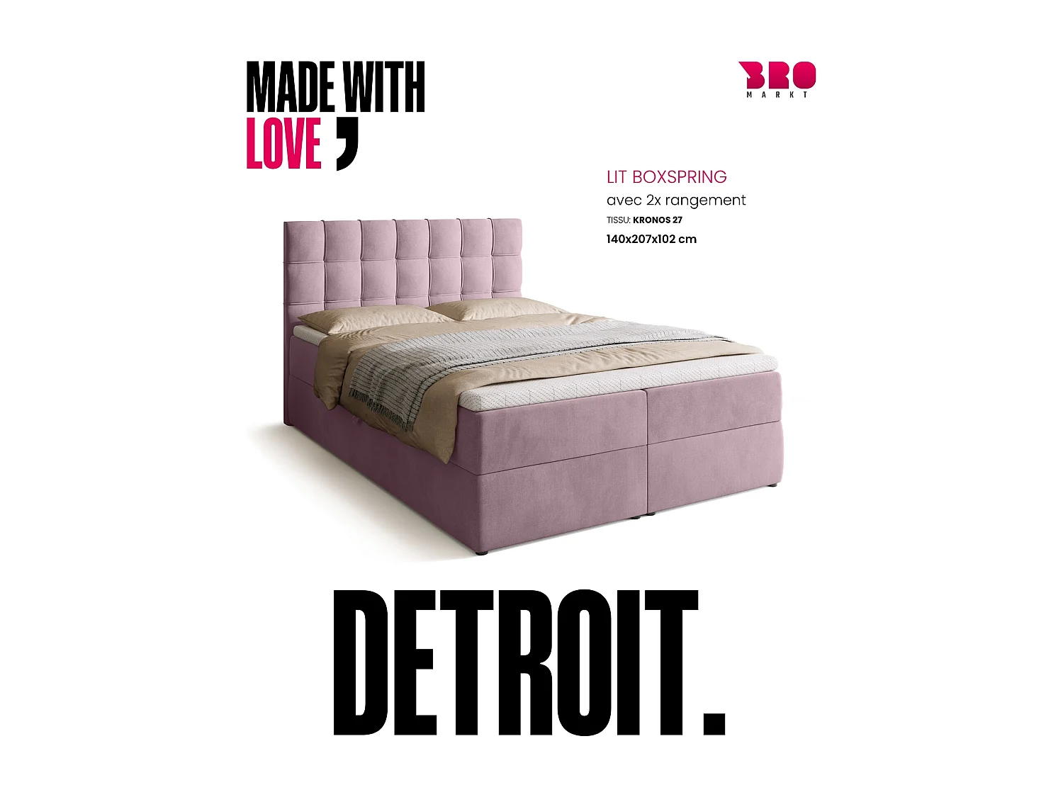 Lit boxspring avec rangement DETROIT - matelas - surmatelas - rose - 140x200 cm