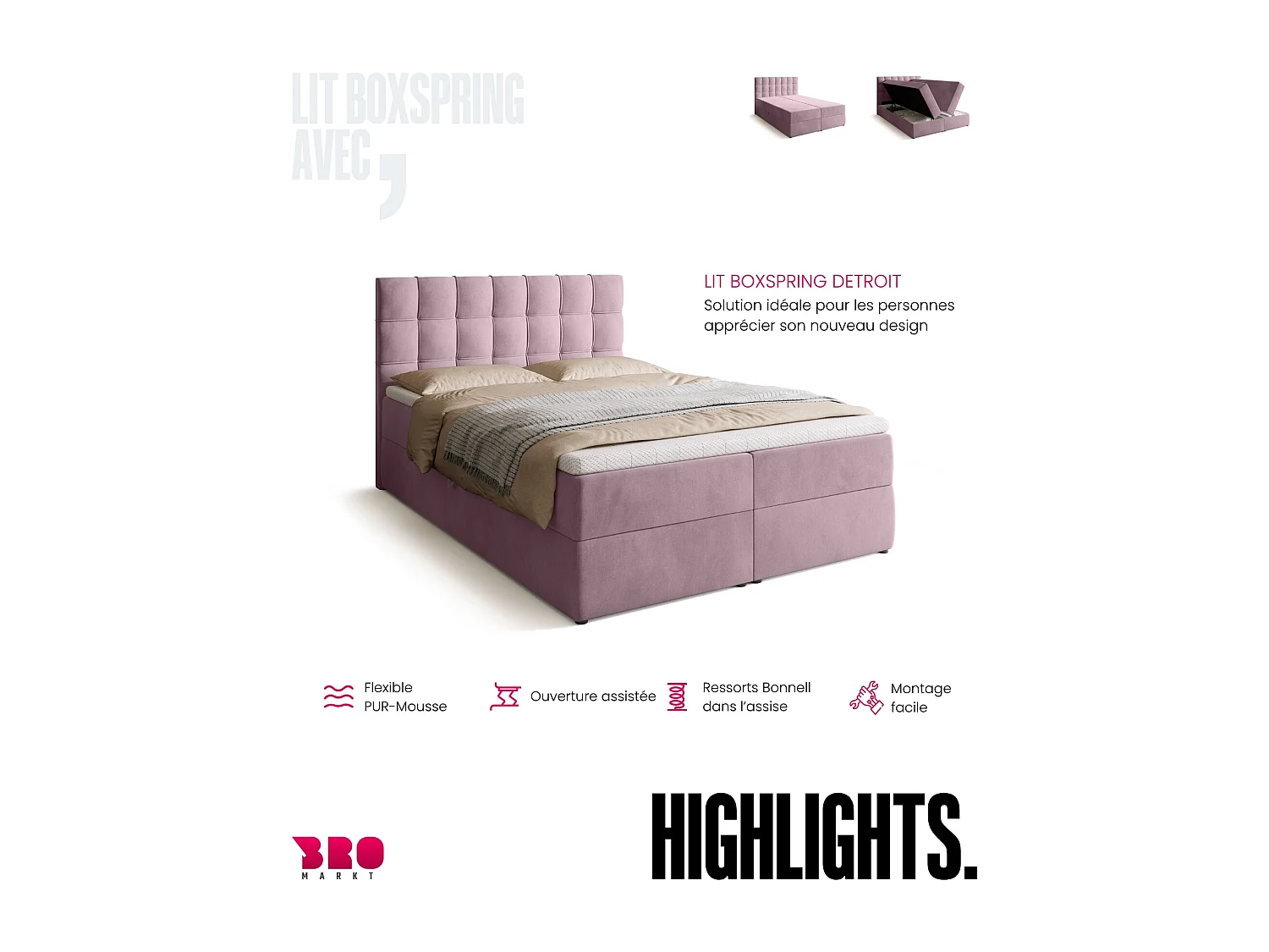 Lit boxspring avec rangement DETROIT - matelas - surmatelas - rose - 140x200 cm