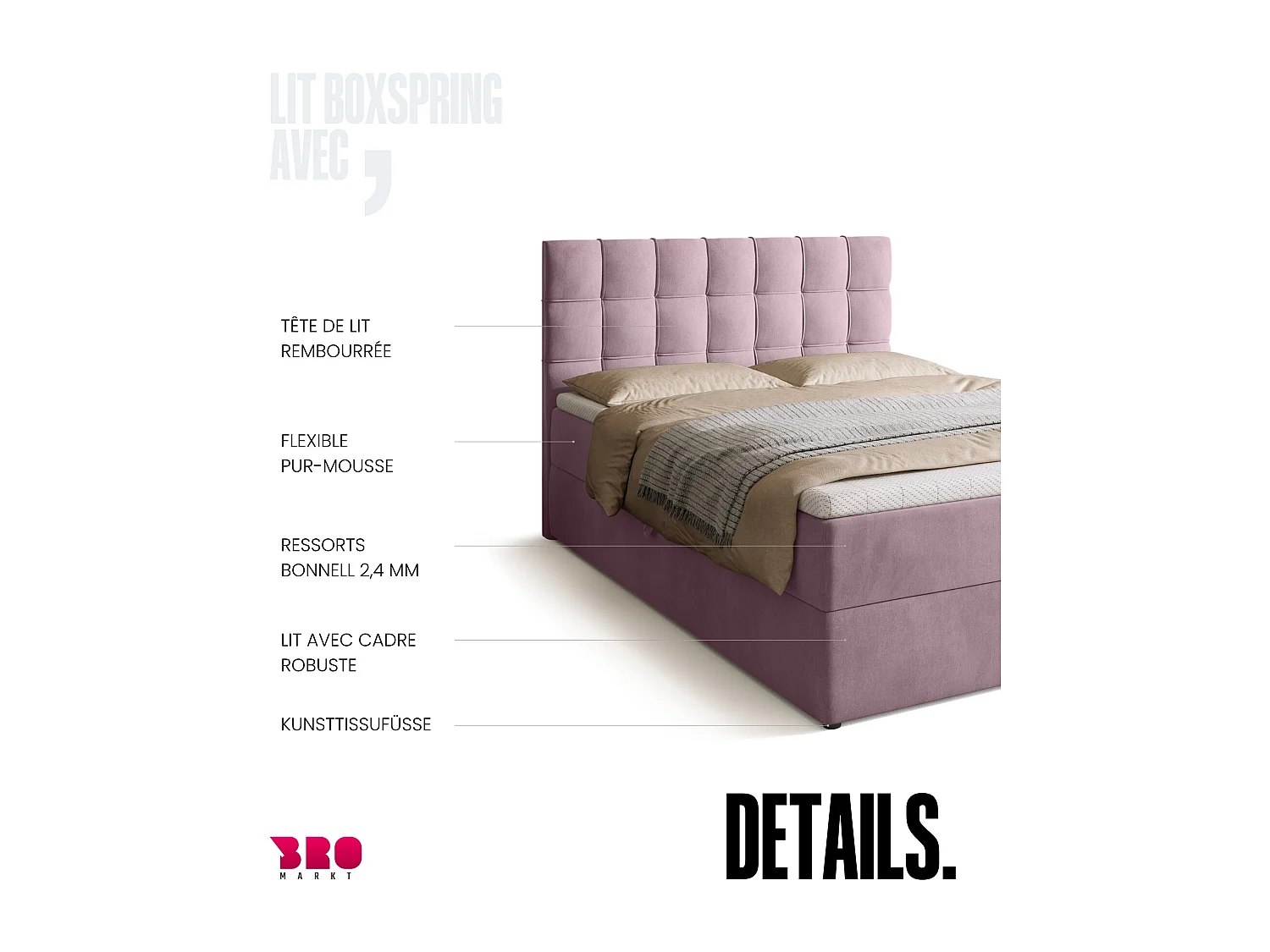Lit boxspring avec rangement DETROIT - matelas - surmatelas - rose - 140x200 cm