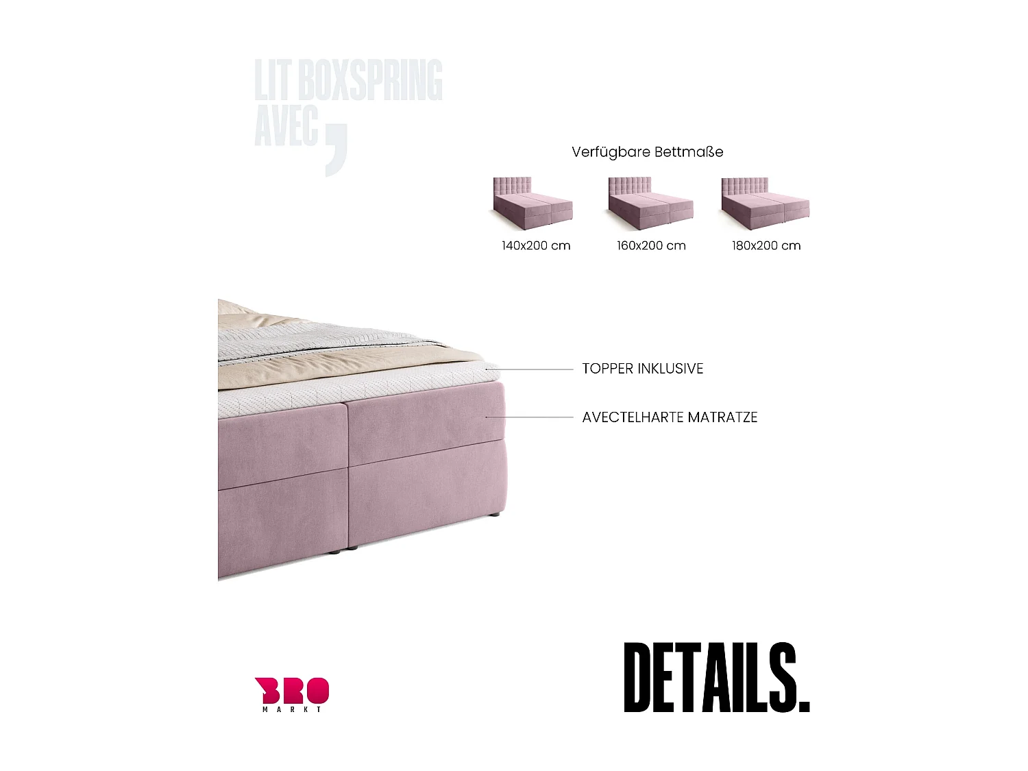 Lit boxspring avec rangement DETROIT - matelas - surmatelas - rose - 140x200 cm