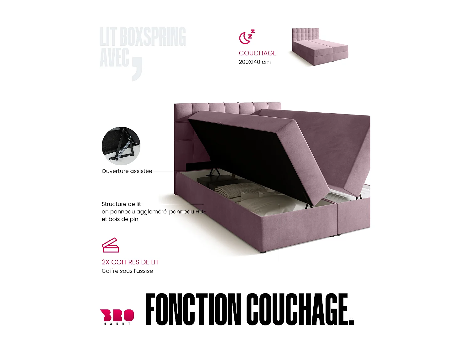 Lit boxspring avec rangement DETROIT - matelas - surmatelas - rose - 140x200 cm