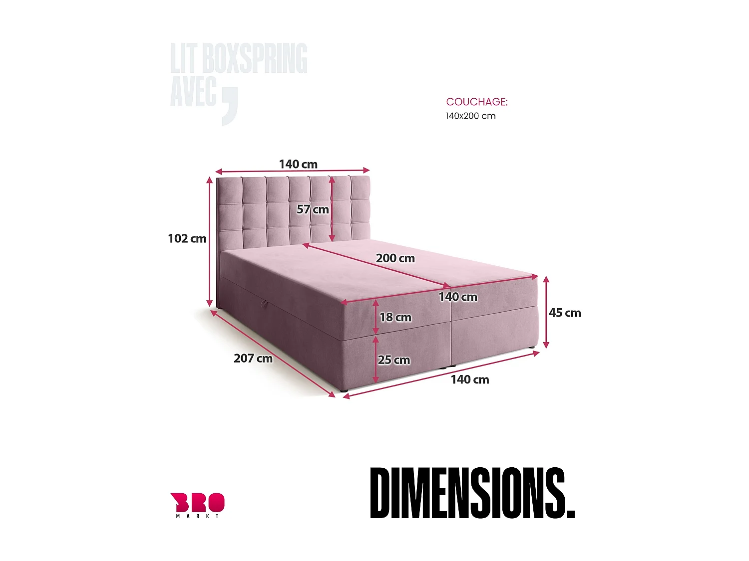 Lit boxspring avec rangement DETROIT - matelas - surmatelas - rose - 140x200 cm