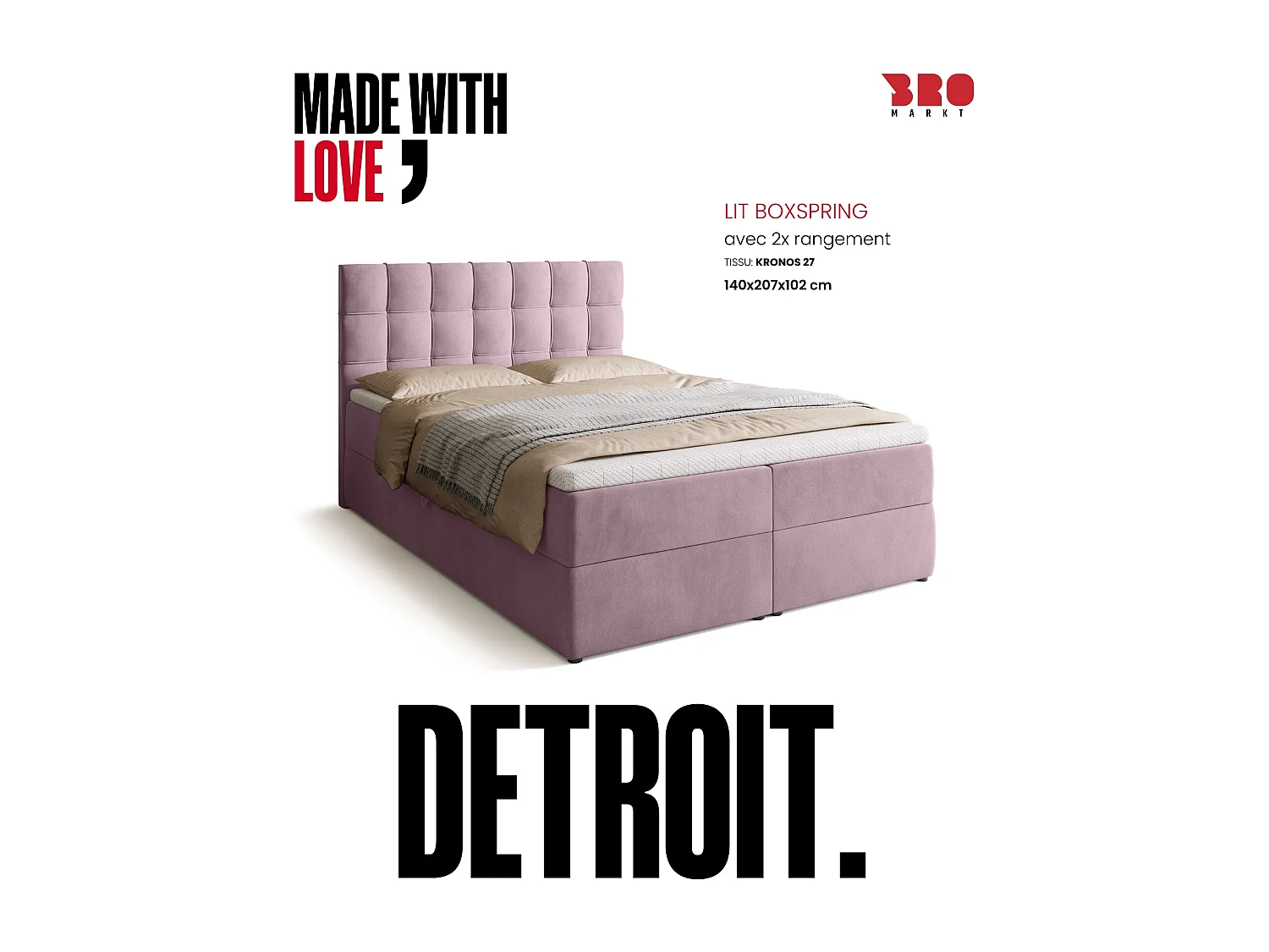 Lit boxspring avec rangement DETROIT - matelas - surmatelas - rose - 140x200 cm