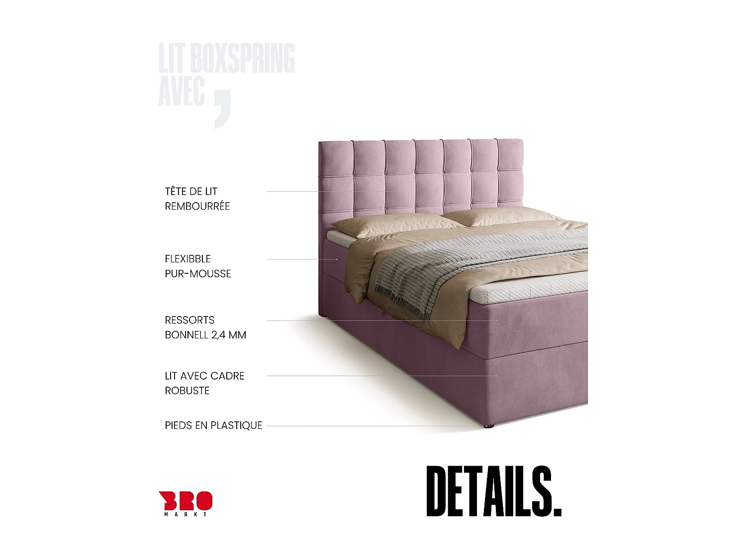 Lit boxspring avec rangement DETROIT - matelas - surmatelas - rose - 140x200 cm