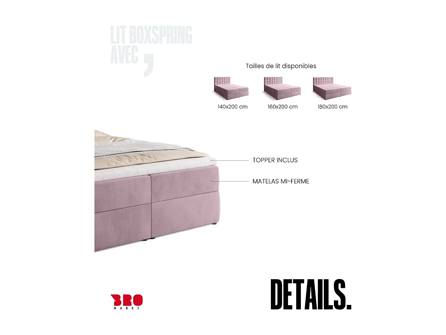Lit boxspring avec rangement DETROIT - matelas - surmatelas - rose - 140x200 cm