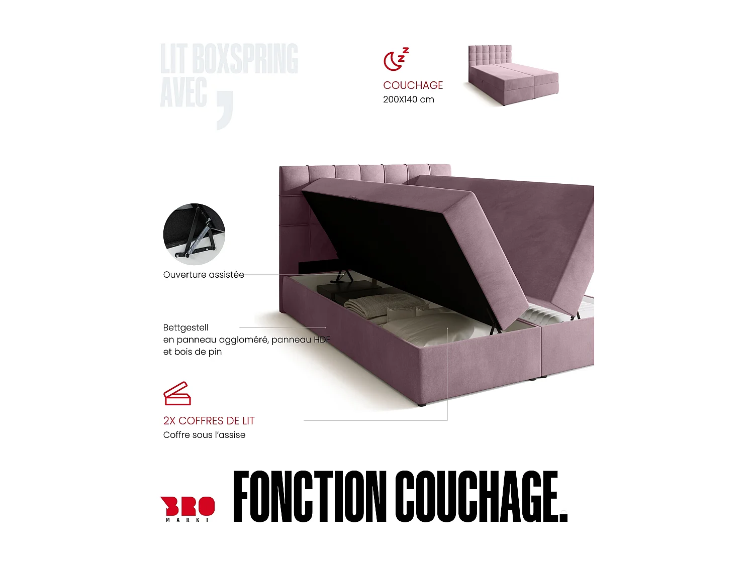 Lit boxspring avec rangement DETROIT - matelas - surmatelas - rose - 140x200 cm