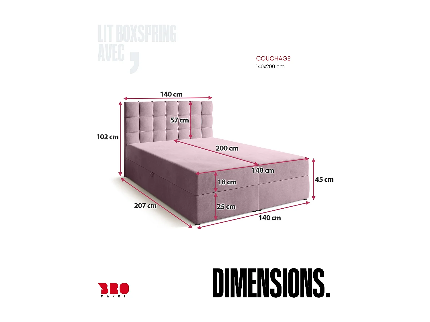 Lit boxspring avec rangement DETROIT - matelas - surmatelas - rose - 140x200 cm