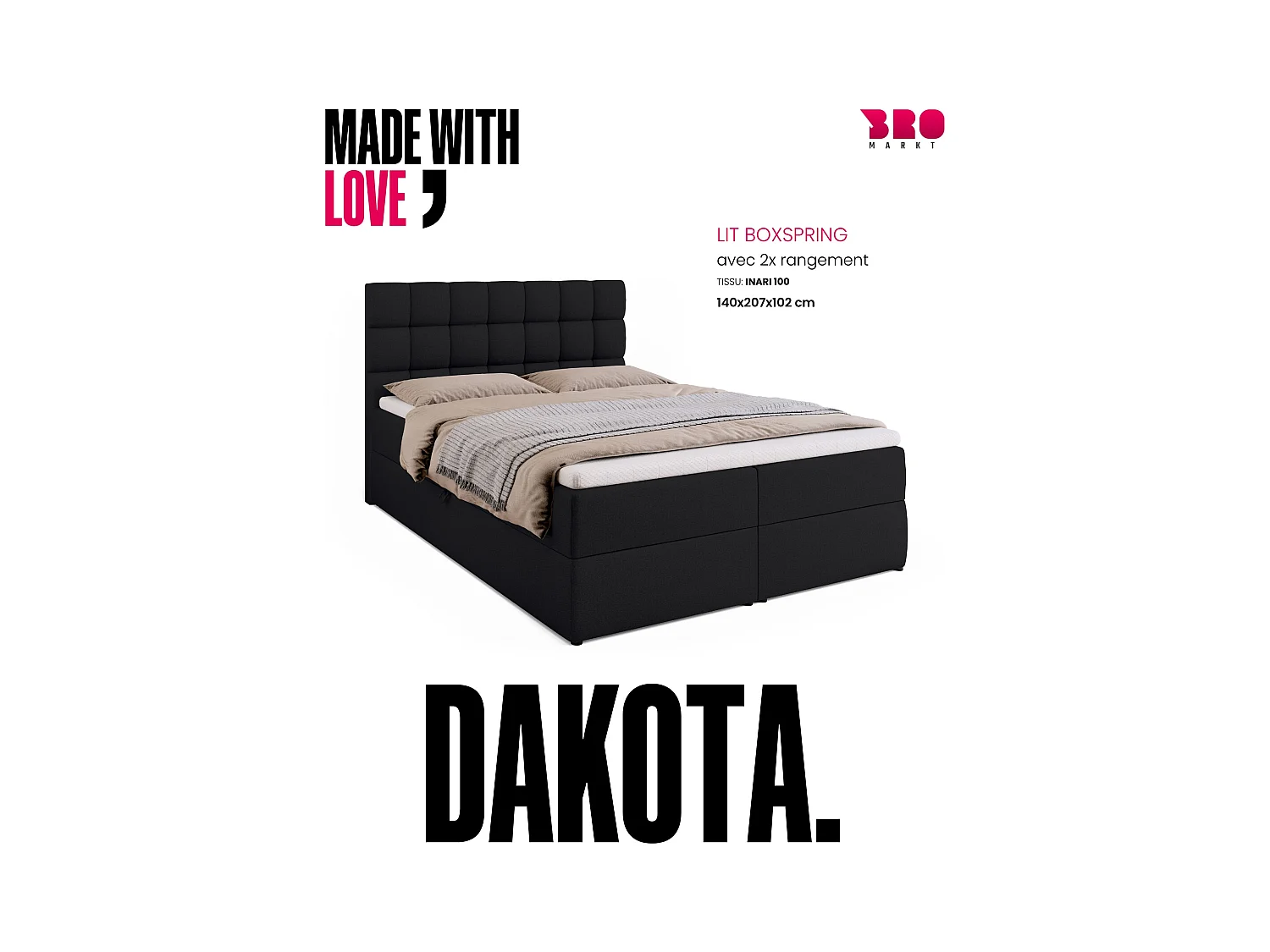 Boxspringbed met hoofdeinde, matras en dekmatras - DAKOTA - 140x200 - zwart