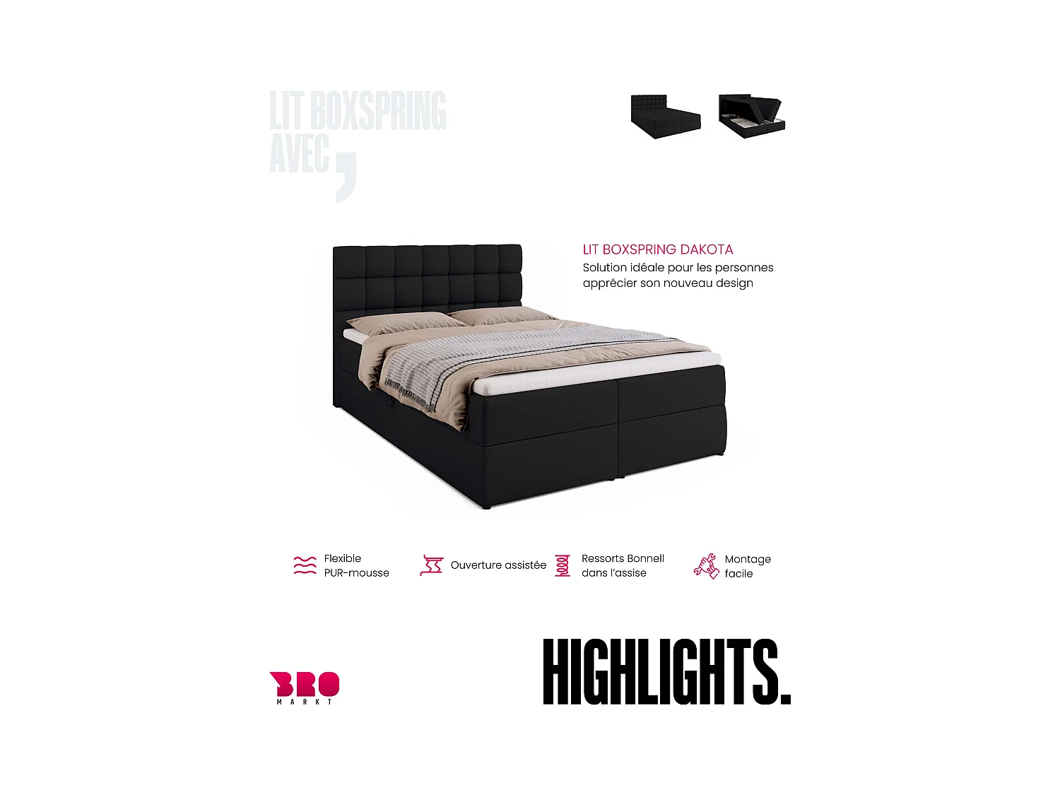 Boxspringbed met hoofdeinde, matras en dekmatras - DAKOTA - 140x200 - zwart