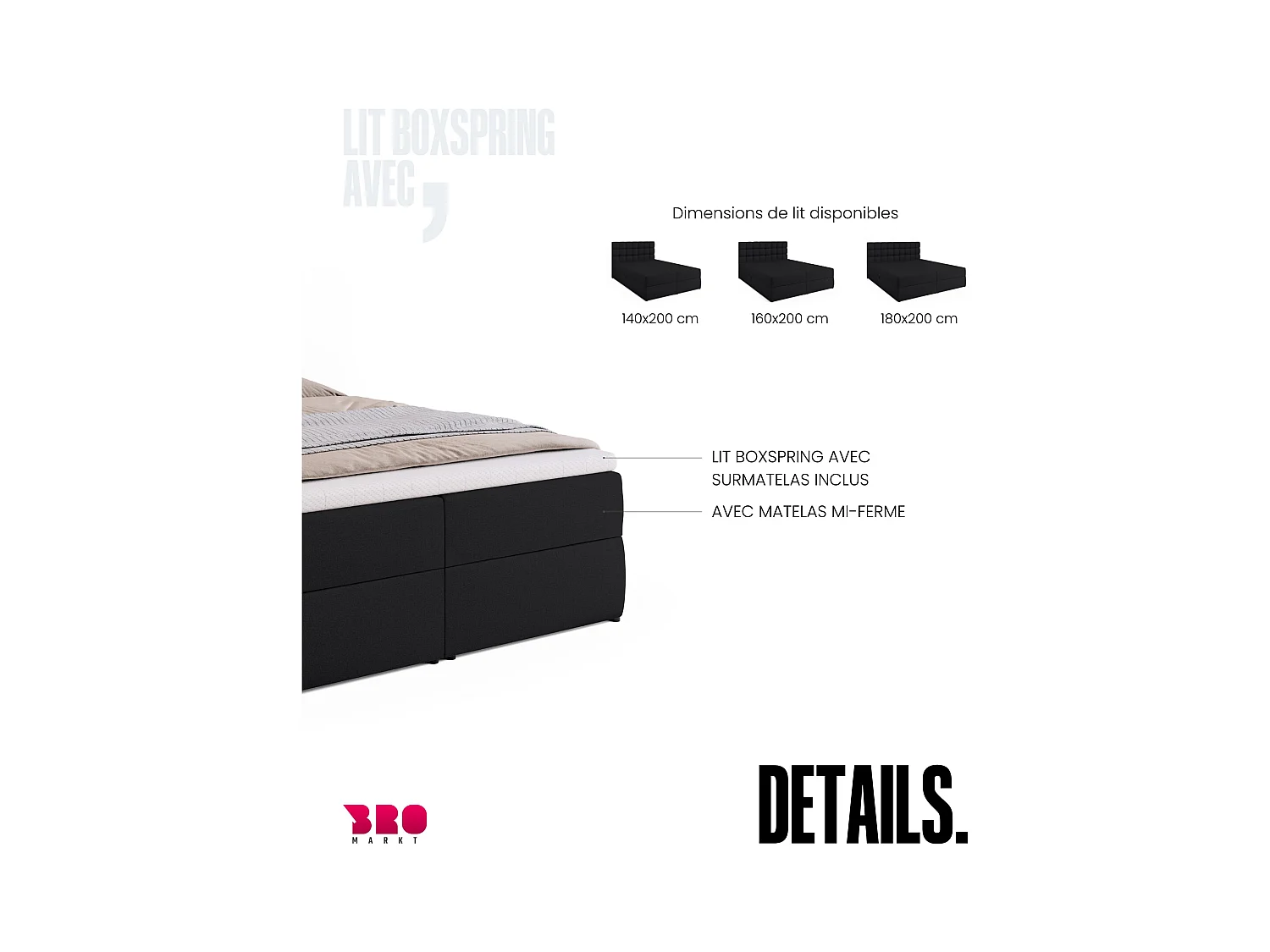 Boxspringbed met hoofdeinde, matras en dekmatras - DAKOTA - 140x200 - zwart
