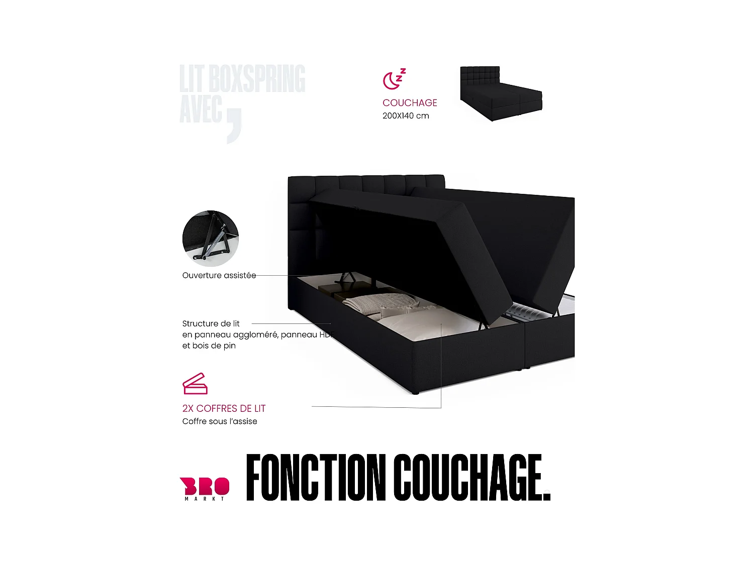 Boxspringbed met hoofdeinde, matras en dekmatras - DAKOTA - 140x200 - zwart