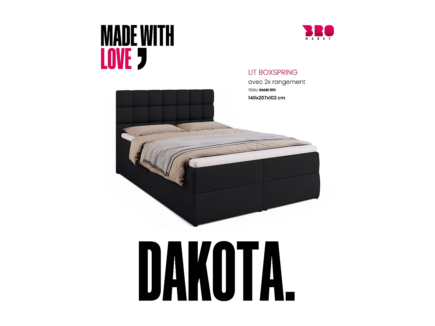 Lit boxspring avec rangement DAKOTA - matelas - surmatelas - noir - 140x200 cm