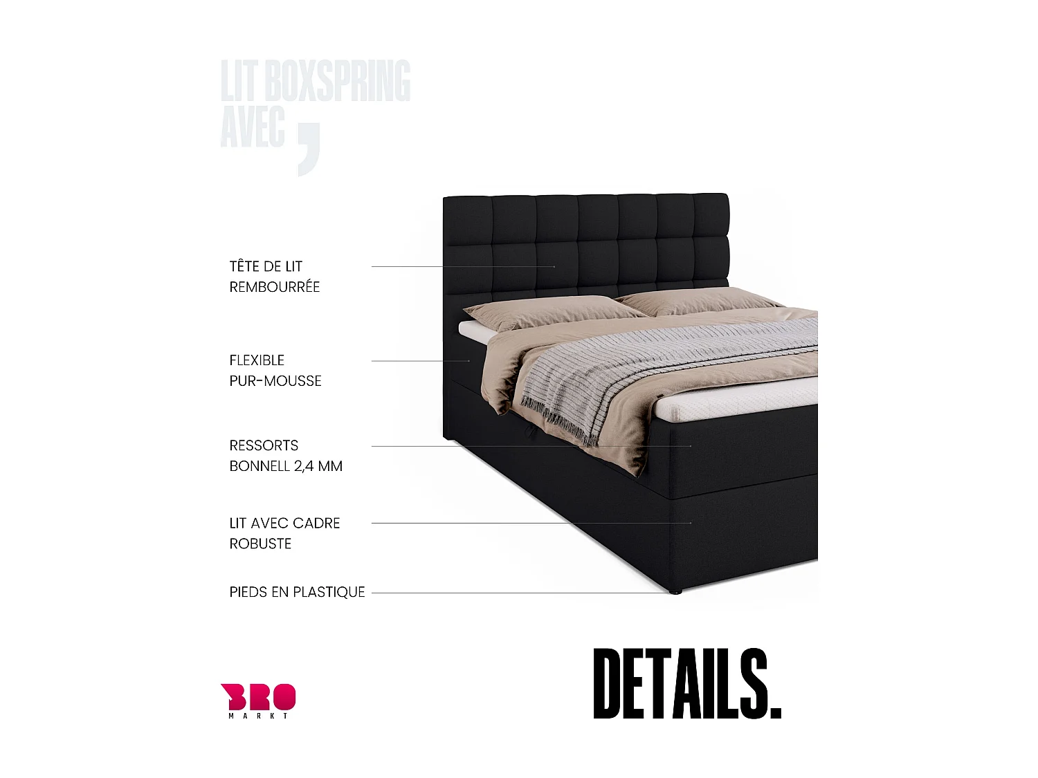 Lit boxspring avec rangement DAKOTA - matelas - surmatelas - noir - 140x200 cm