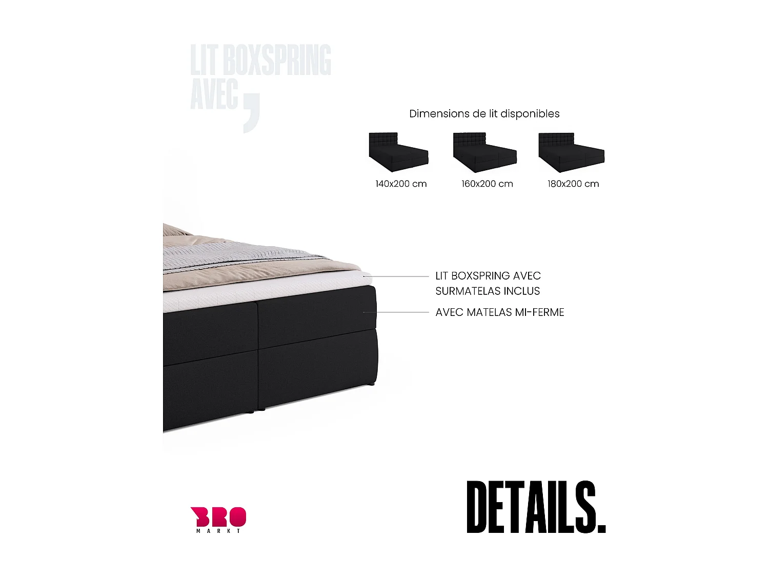 Lit boxspring avec rangement DAKOTA - matelas - surmatelas - noir - 140x200 cm