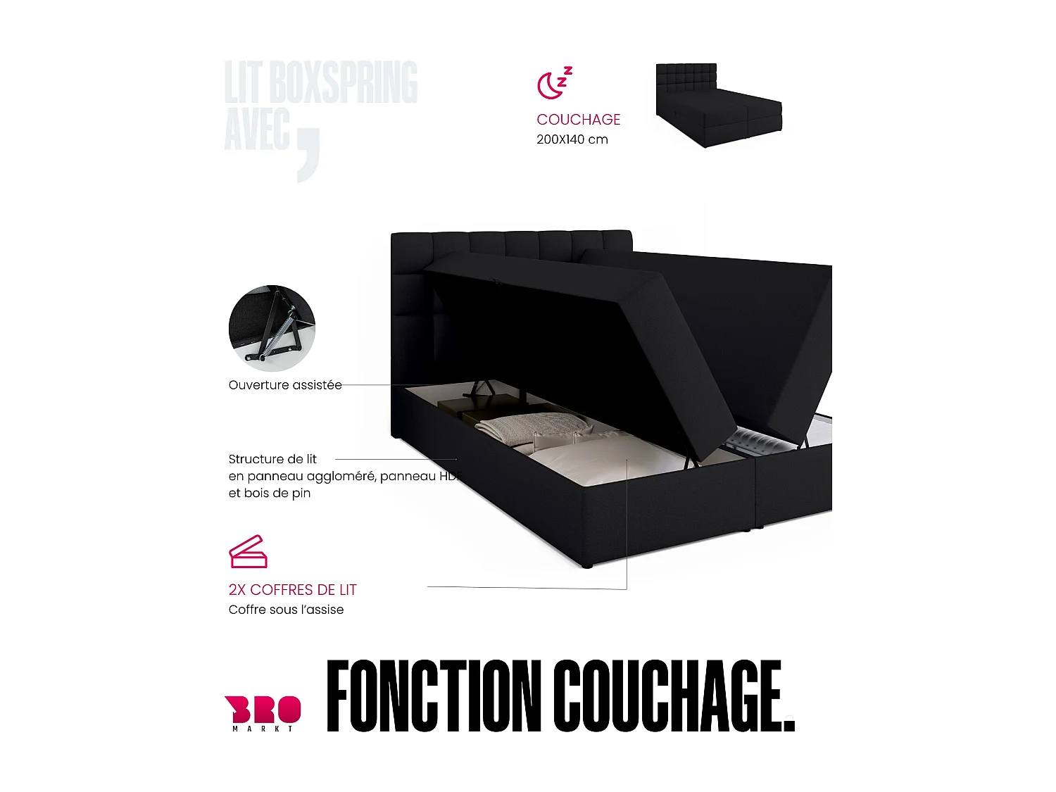 Lit boxspring avec rangement DAKOTA - matelas - surmatelas - noir - 140x200 cm