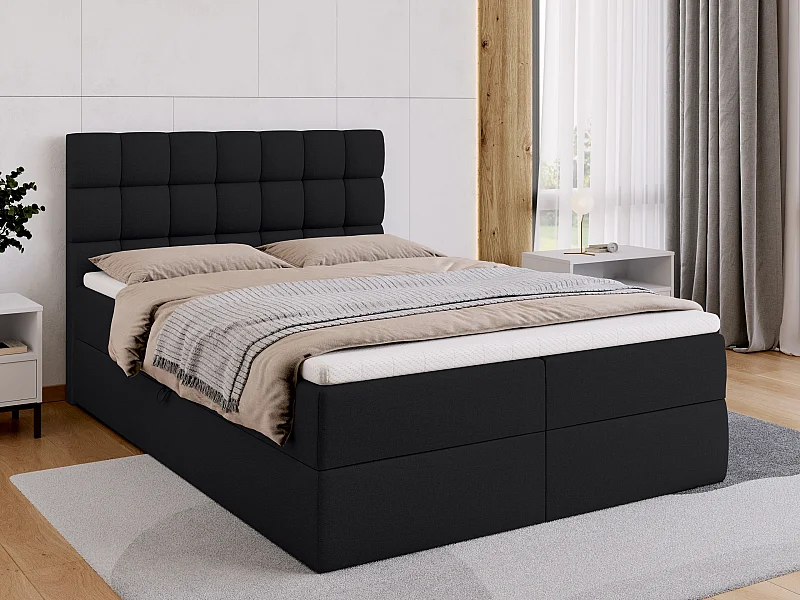 Lit boxspring avec rangement DAKOTA - matelas - surmatelas - noir - 140x200 cm