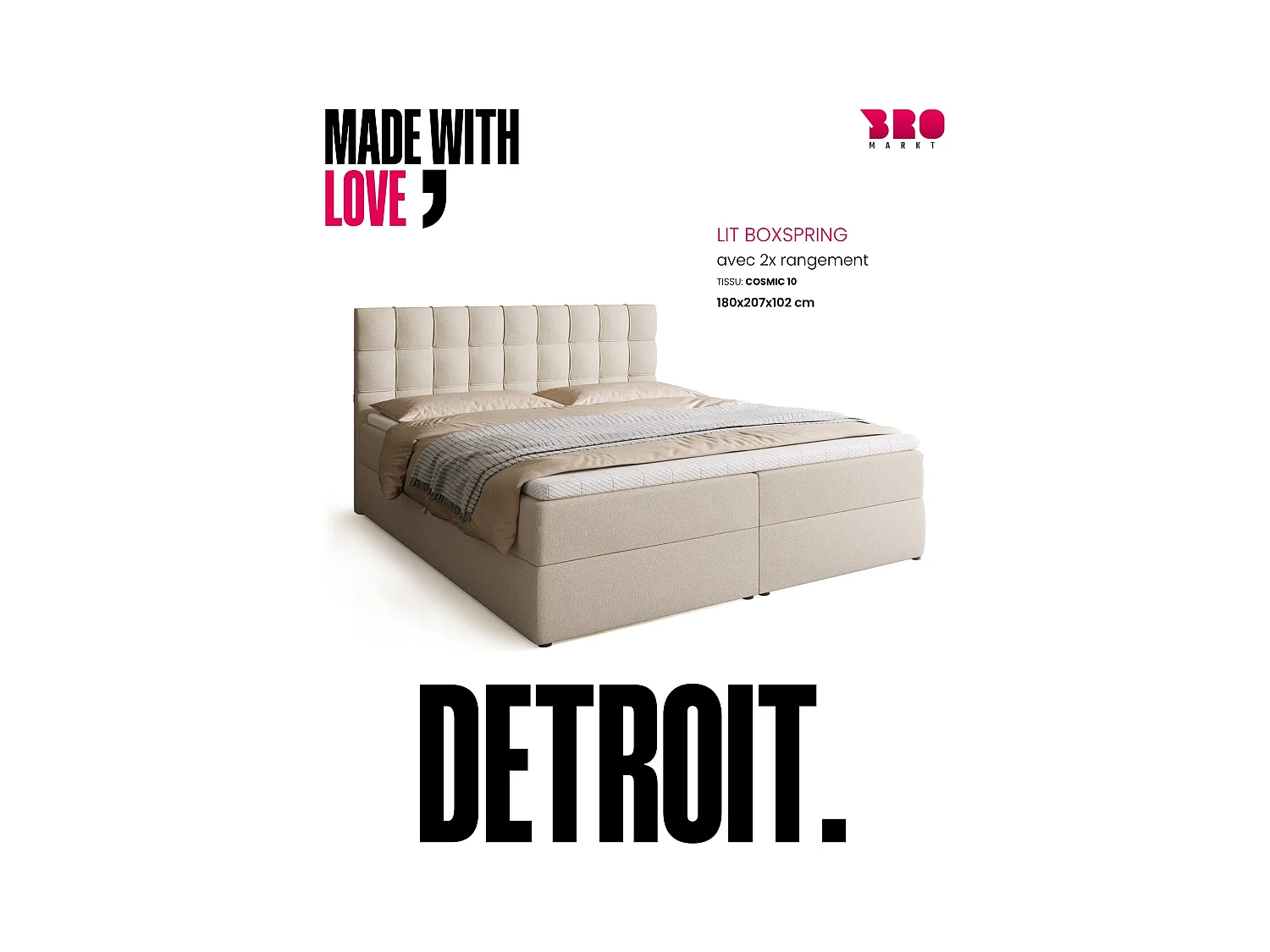 Boxspringbed met hoofdeinde, matras en dekmatras - DETROIT - 180x200 - beige