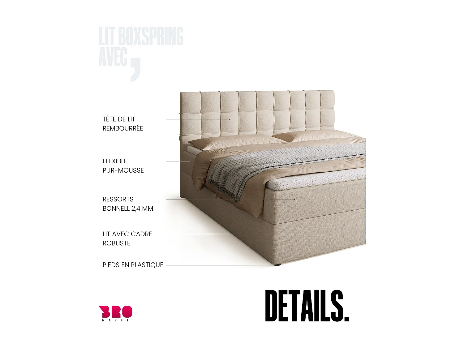 Boxspringbed met hoofdeinde, matras en dekmatras - DETROIT - 180x200 - beige