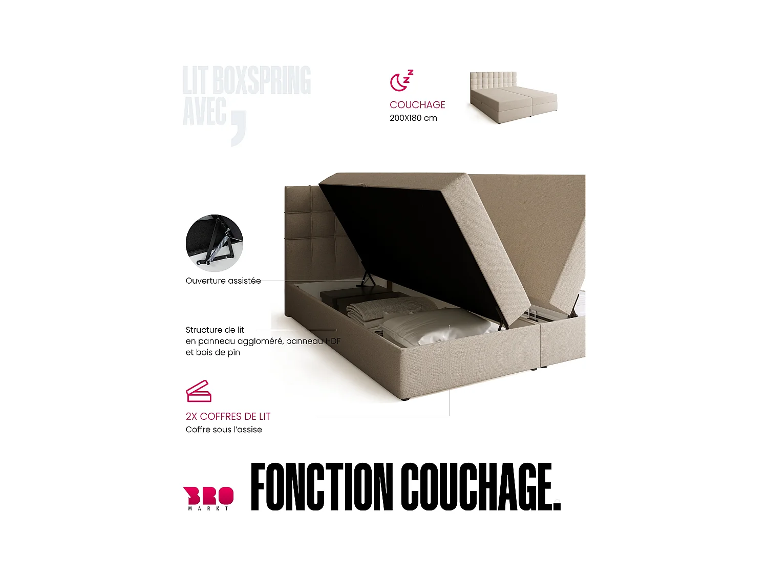 Boxspringbed met hoofdeinde, matras en dekmatras - DETROIT - 180x200 - beige