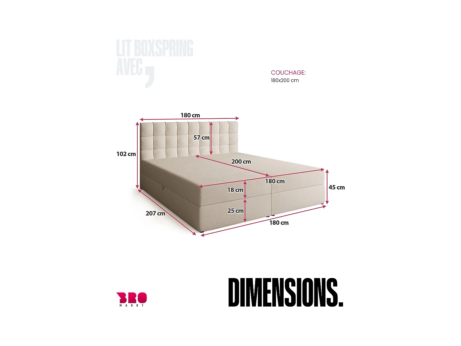 Boxspringbed met hoofdeinde, matras en dekmatras - DETROIT - 180x200 - beige