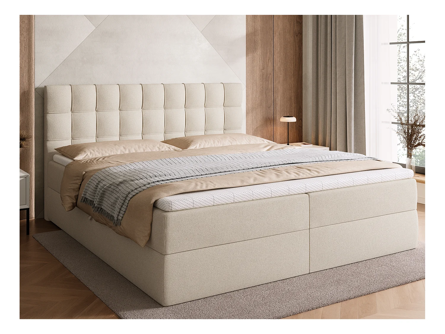 Lit boxspring avec rangement DETROIT - matelas - surmatelas - beige - 180x200 cm