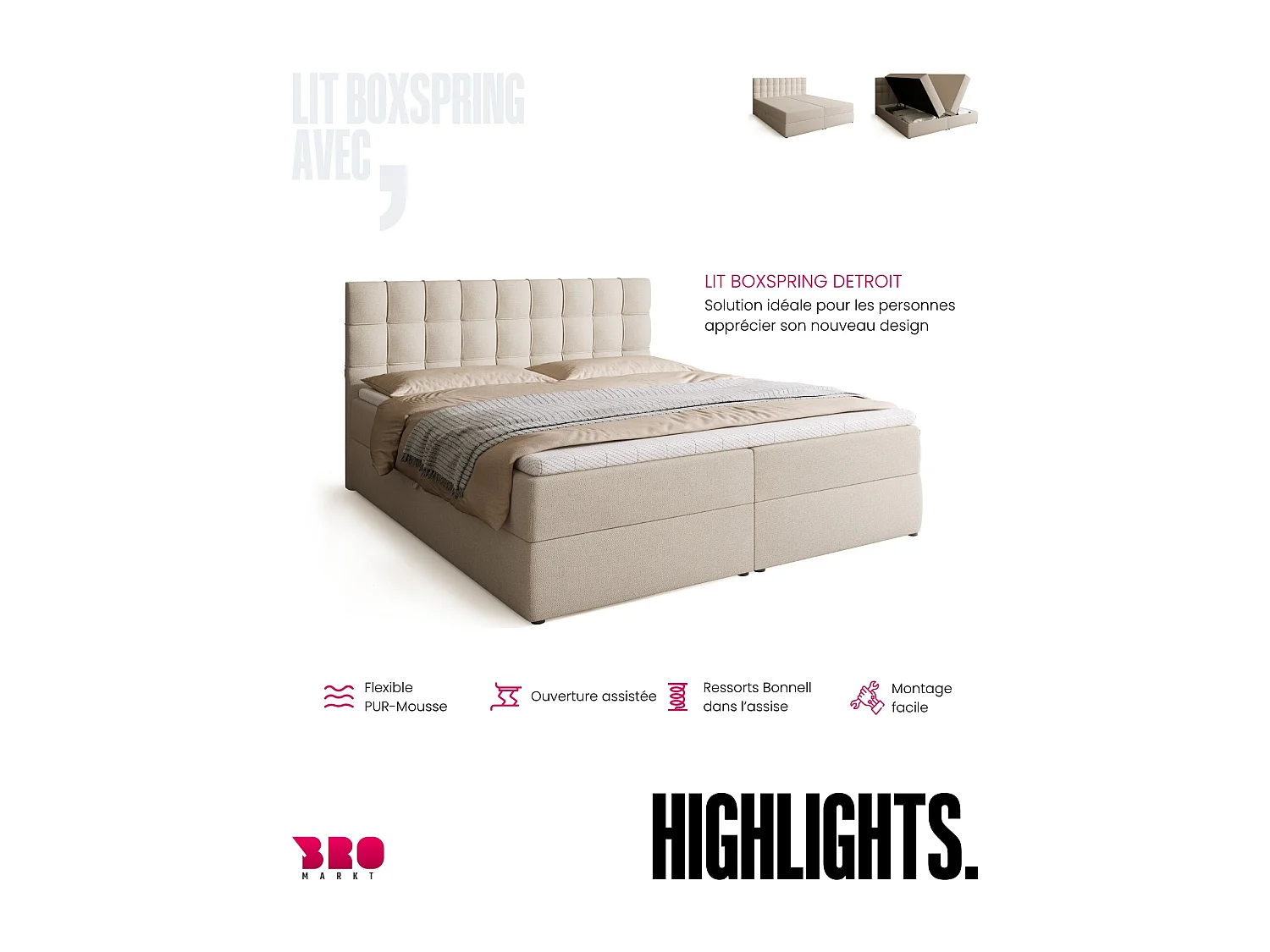 Lit boxspring avec rangement DETROIT - matelas - surmatelas - beige - 180x200 cm
