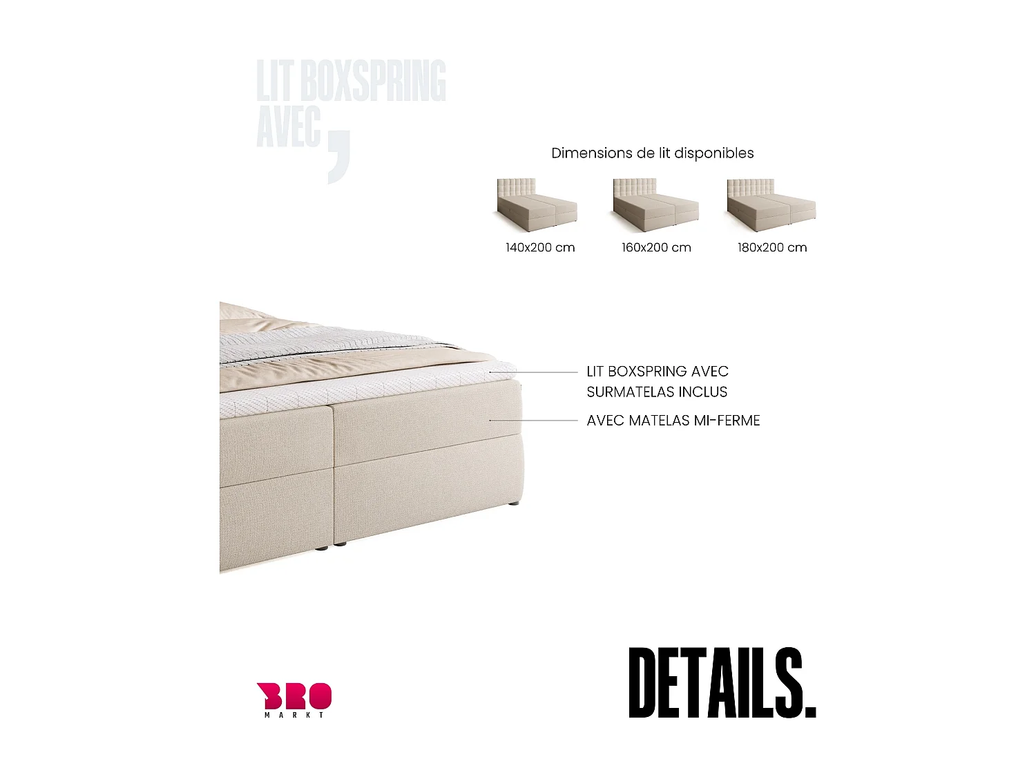 Lit boxspring avec rangement DETROIT - matelas - surmatelas - beige - 180x200 cm