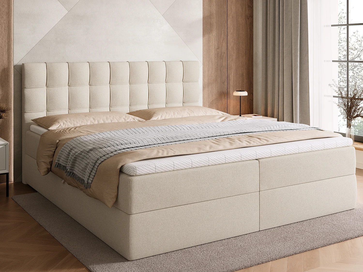 Lit boxspring avec rangement DETROIT - matelas - surmatelas - beige - 180x200 cm