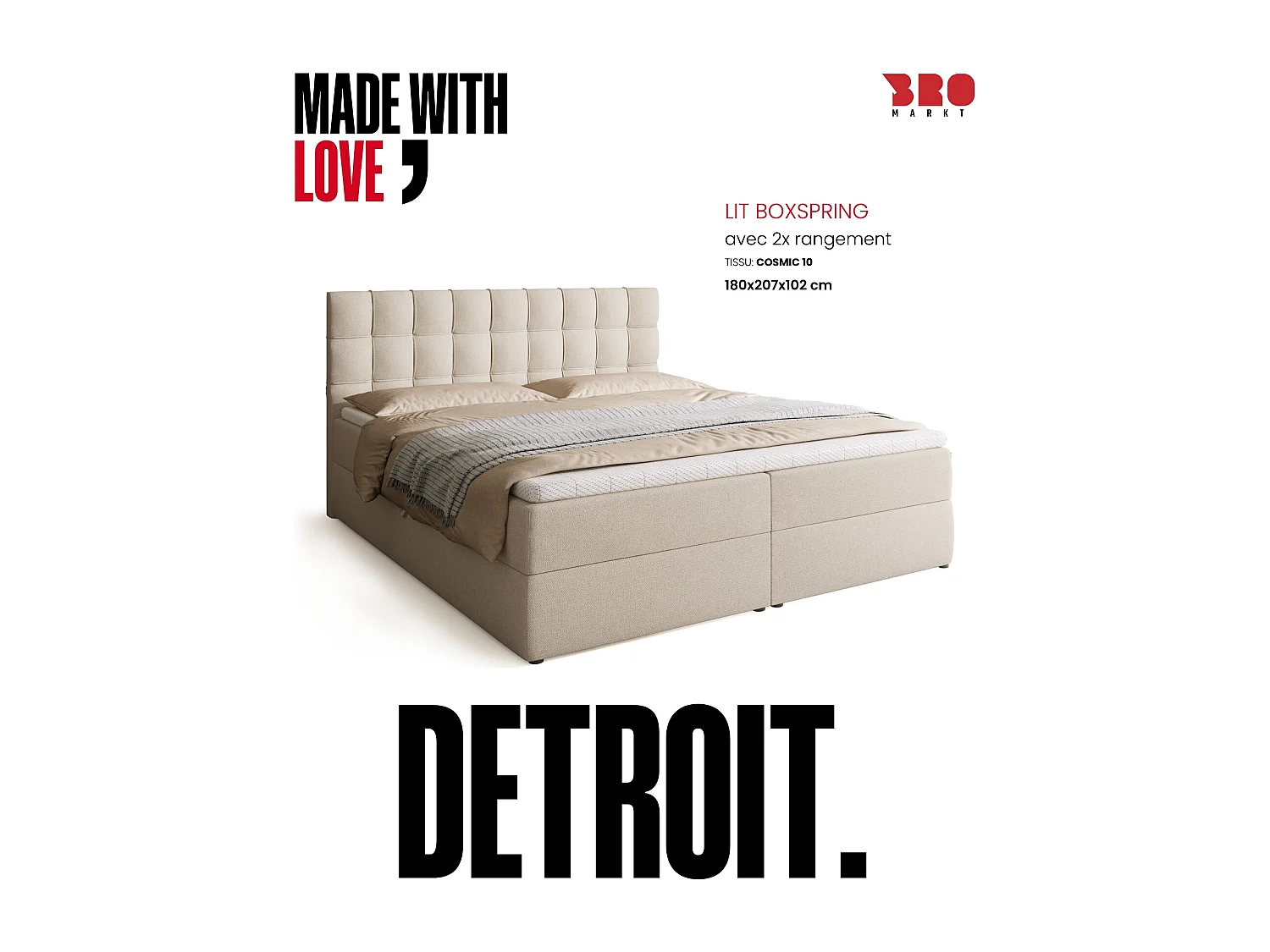 Lit boxspring avec rangement DETROIT - matelas - surmatelas - beige - 180x200 cm