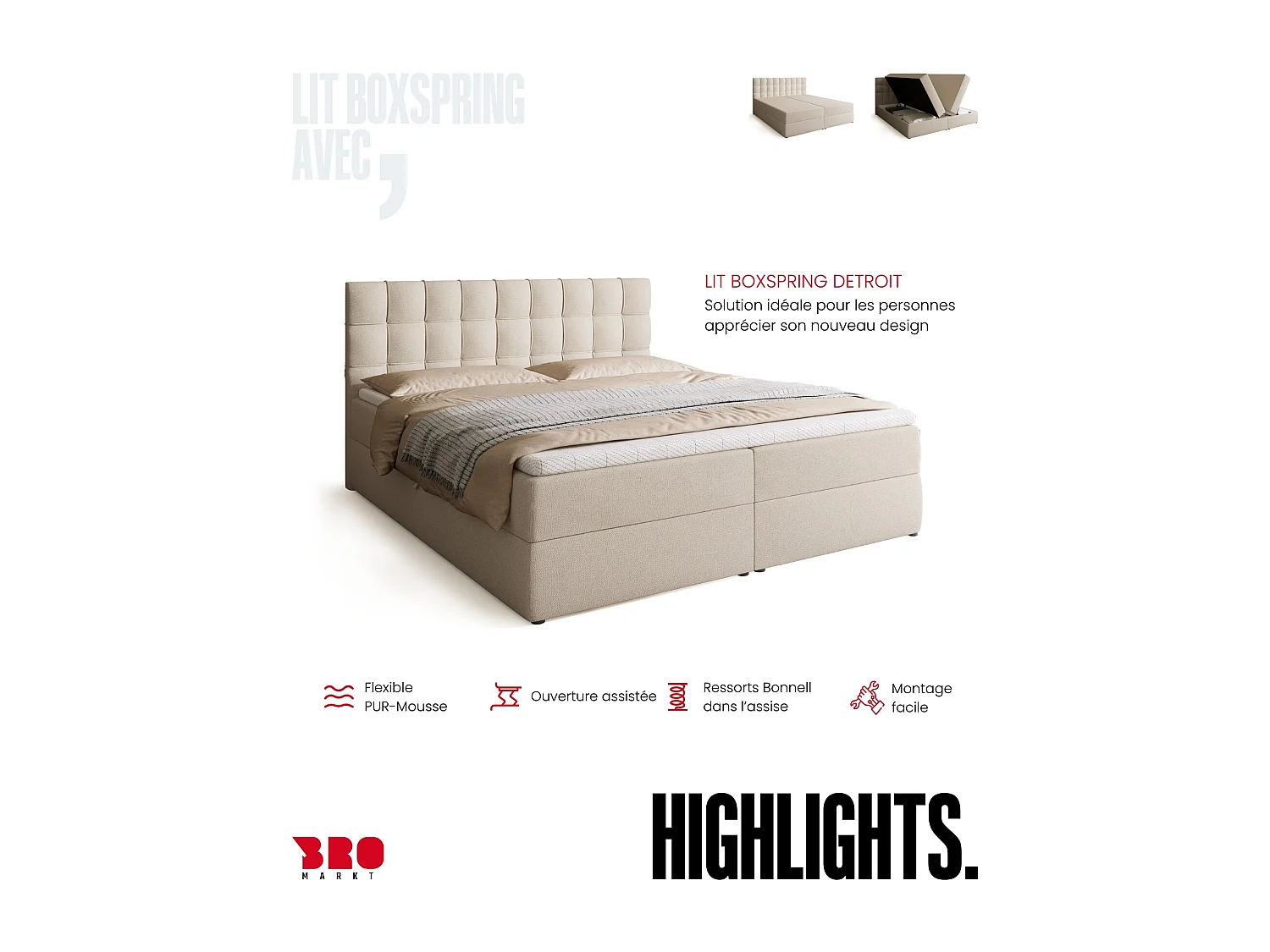 Lit boxspring avec rangement DETROIT - matelas - surmatelas - beige - 180x200 cm