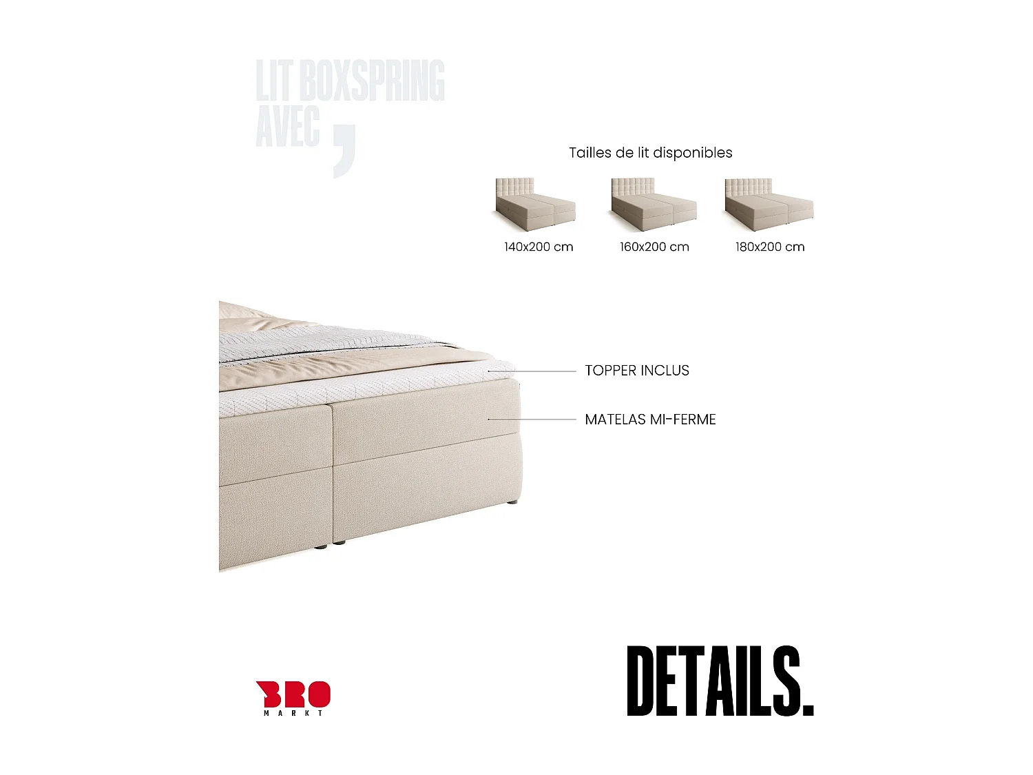 Lit boxspring avec rangement DETROIT - matelas - surmatelas - beige - 180x200 cm